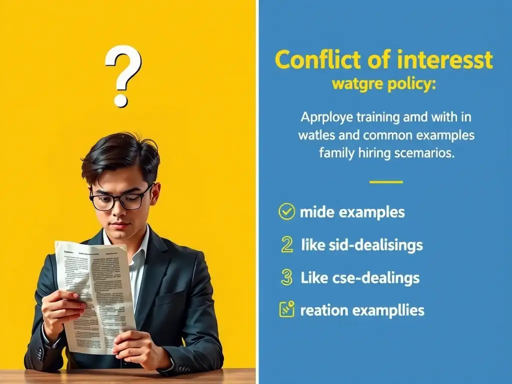 A comparison of an employee reading a vague policy with a question mark over their head versus an interactive training slide that defines conflict of interest and walks through common examples like side-dealings and family hire scenarios.