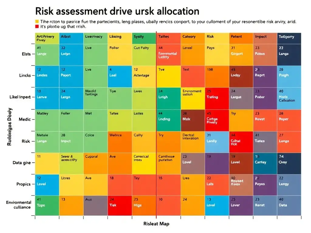 A risk heat map showing risk categories (like anti-bribery, data privacy, environmental compliance) plotted on a grid measuring likelihood versus impact, showcasing how risk assessment drives resource allocation.
