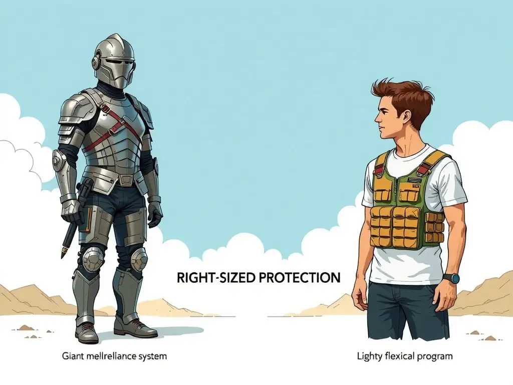 A conceptual illustration comparing a heavy, rigid suit of armor (representing a giant multinational compliance system) with a light, flexible tactical vest (representing a scaled compliance program for a small company), highlighting right-sized protection.