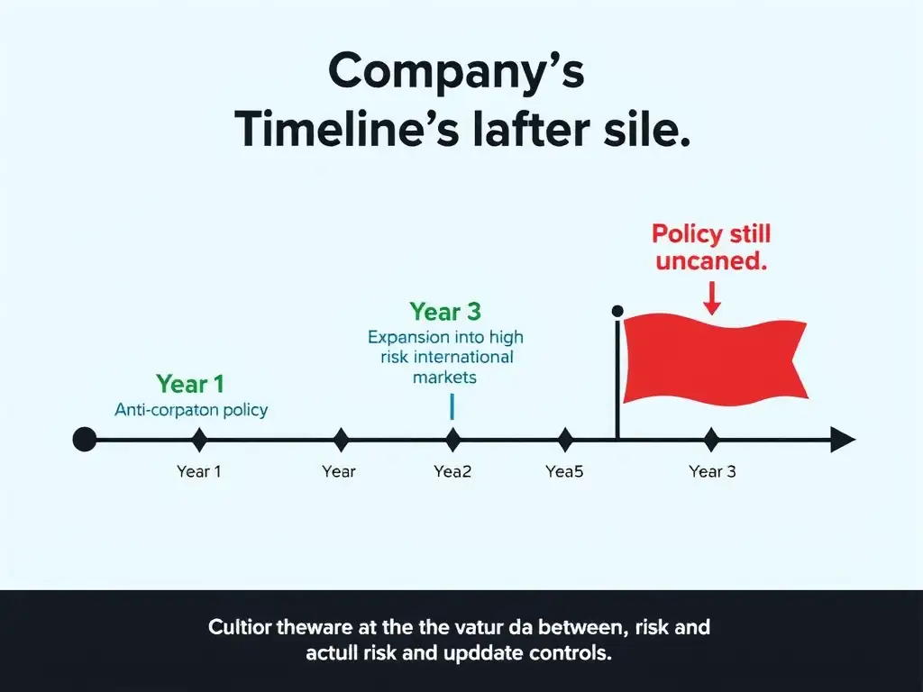A timeline visual showing a company's timeline: Year 1 (Anti-corruption policy written) -> Year 3 (Expansion into high-risk international markets) -> Year 5 (Policy still unchanged), with a red caution flag highlighting the gap between actual risk and outdated controls.