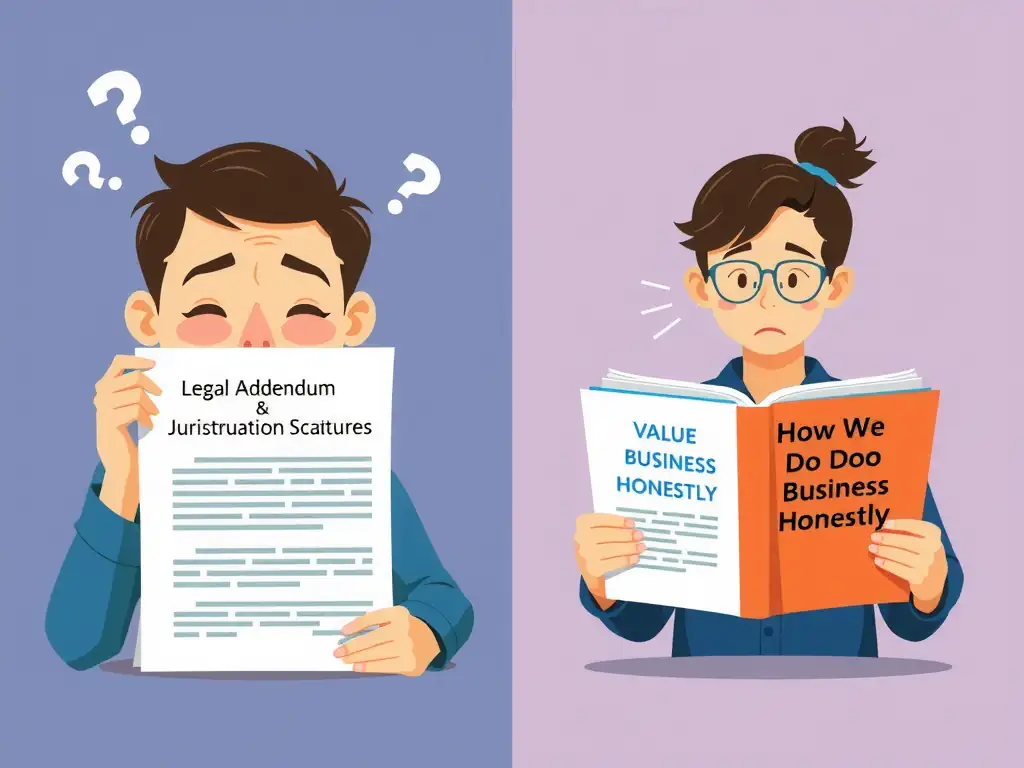 A split illustration showing a confused employee attempting to decipher a thick, dry document titled "Legal Addendum & Jurisdictional Statutes" versus another employee comfortably reading a clear, value-focused guide titled "How We Do Business Honestly."