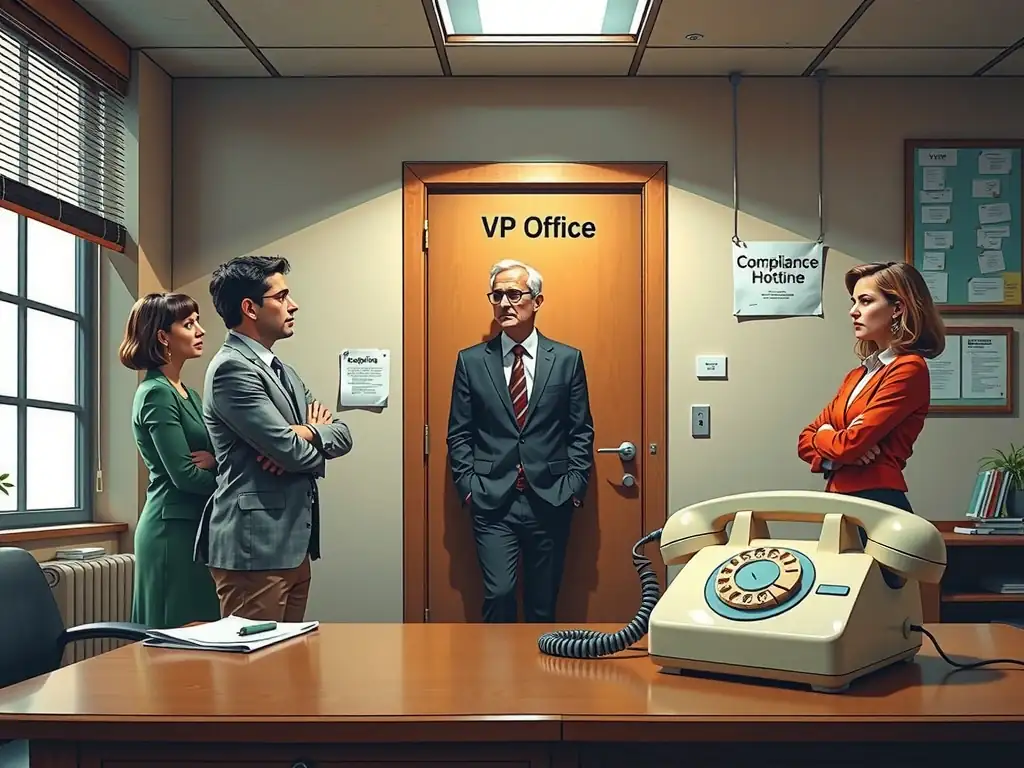 A conceptual illustration of an office environment where employees stand in silence, glancing nervously toward a closed office door marked "VP Office," while a dusty "Compliance Hotline" telephone sits ignored on a nearby desk.