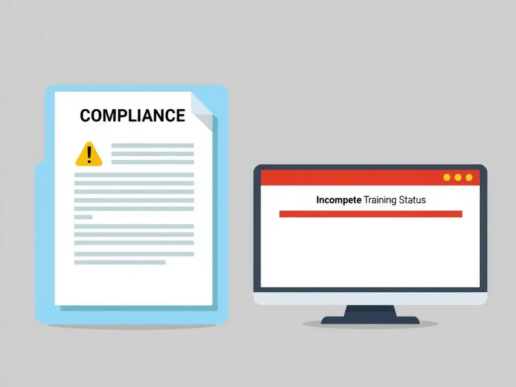 A compliance file folder showing a documented disciplinary warning form next to an incomplete training status screen, symbolizing consistent policy enforcement and regulatory documentation.