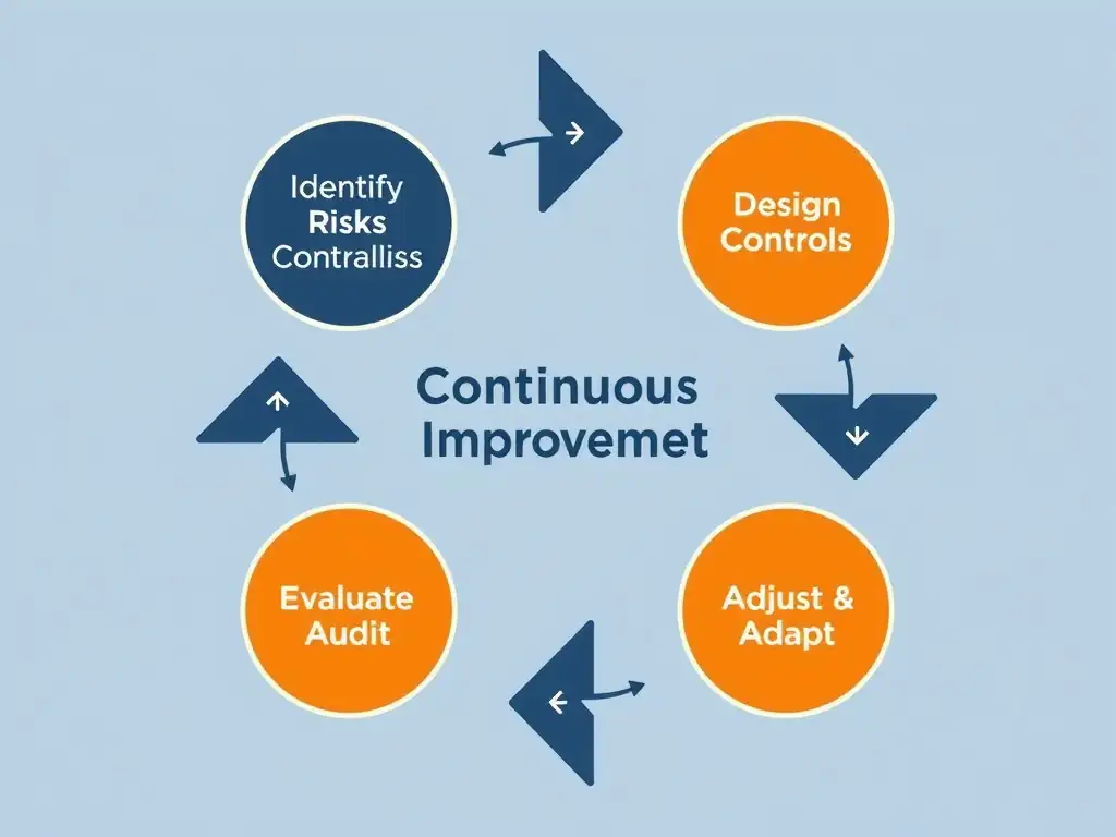 A cycle diagram showing a feedback loop: Identify Risks -> Design Controls -> Training & Implementation -> Evaluate & Audit -> Adjust & Adapt, highlighting the continuous improvement model.
