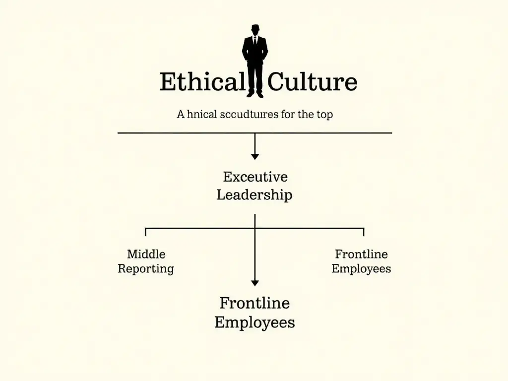 A flow diagram depicting ethical culture cascading down from "Executive Leadership" to "Middle Management" and "Frontline Employees," highlighting values like integrity, open reporting, and accountability at the top.