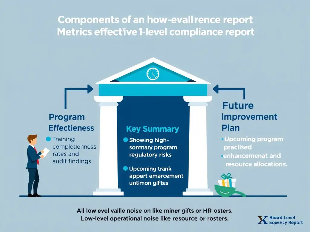 An infographic detailing the components of an effective board-level compliance report, emphasizing three pillars: Program Effectiveness Metrics (such as training completion rates and audit findings), Key Risk Summary (showing high-priority regulatory risks), and Future Improvement Plan (highlighting upcoming program enhancements and resource allocations), contrasted against low-level operational noise like minor gifts or HR rosters.