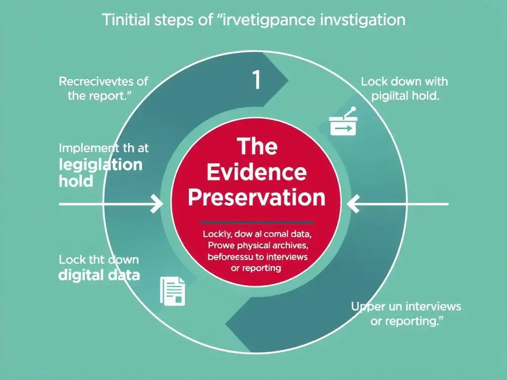A diagram showing the initial steps of a compliance investigation, highlighting the 'Evidence Preservation' phase as the foundational first step. The diagram should emphasize the transition from receiving a report to implementing a litigation hold, locking down digital data, and securing physical archives, before proceeding to interviews or reporting.