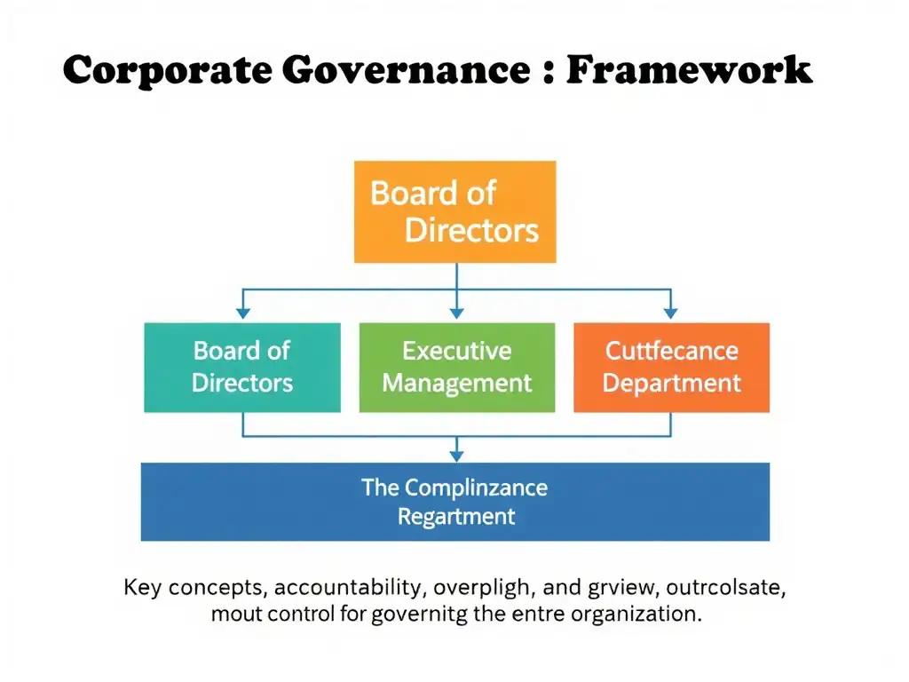 A corporate governance framework diagram illustrating the relationship between the Board of Directors, Executive Management, and the Compliance Department, highlighting key concepts of accountability, oversight, and control flow that govern the entire organization.