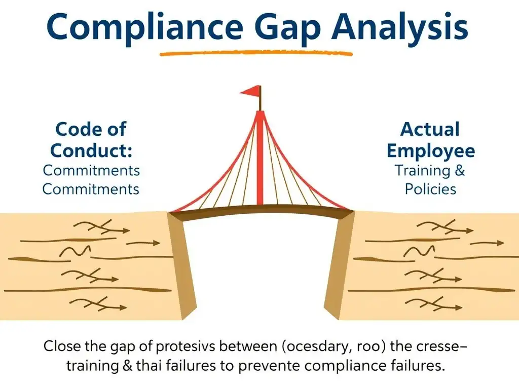 An illustration of a 'Compliance Gap Analysis' process, showing a bridge being built to close the gap between 'Code of Conduct Commitments' (on one side) and 'Actual Employee Training & Policies' (on the other side) to prevent compliance failures.