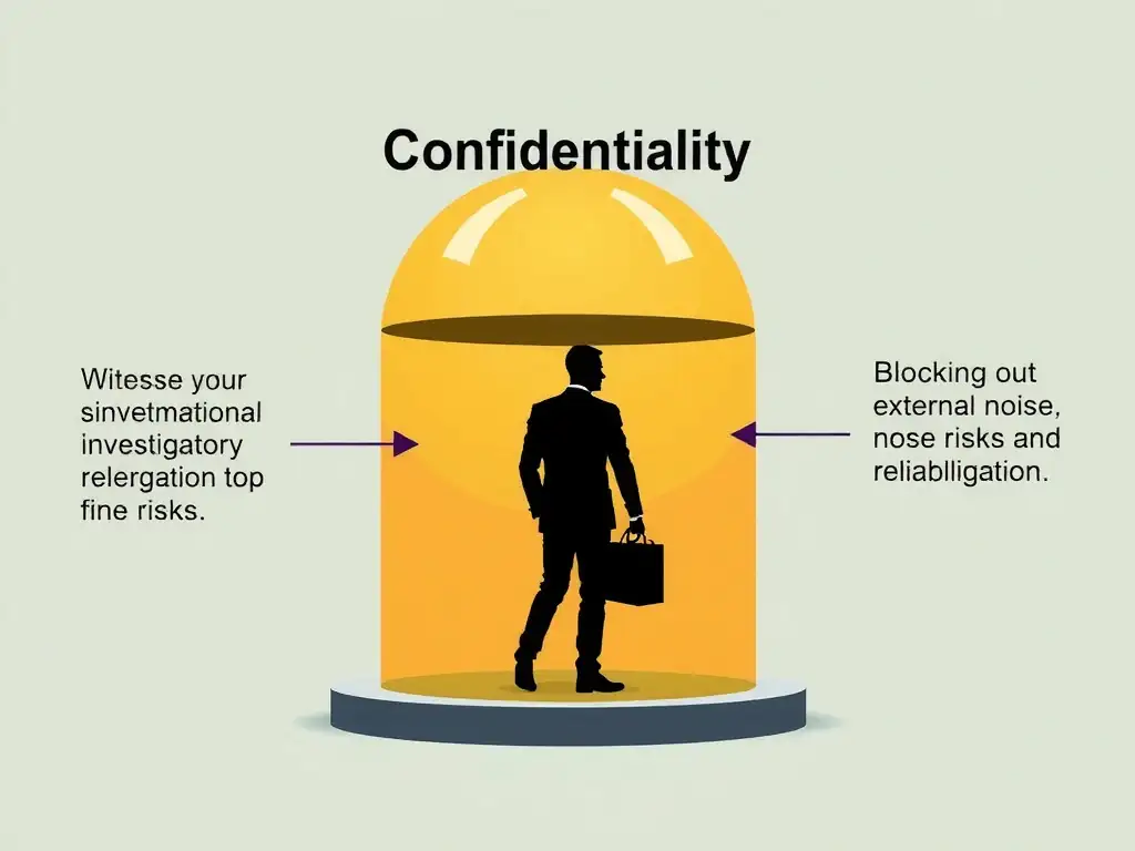 A conceptual graphic depicting 'Confidentiality' in compliance investigations as a protective dome sheltering a witness and an investigator, blocking out external noise and retaliation risks, representing trust and process integrity.