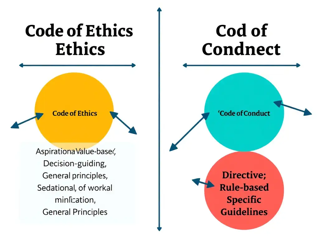 A comparison chart contrasting 'Code of Ethics' (Aspirational, Value-based, Decision-guiding, General Principles) and 'Code of Conduct' (Directive, Rule-based, Behavioral-focused, Specific Guidelines) to show how they complement each other in an organization.
