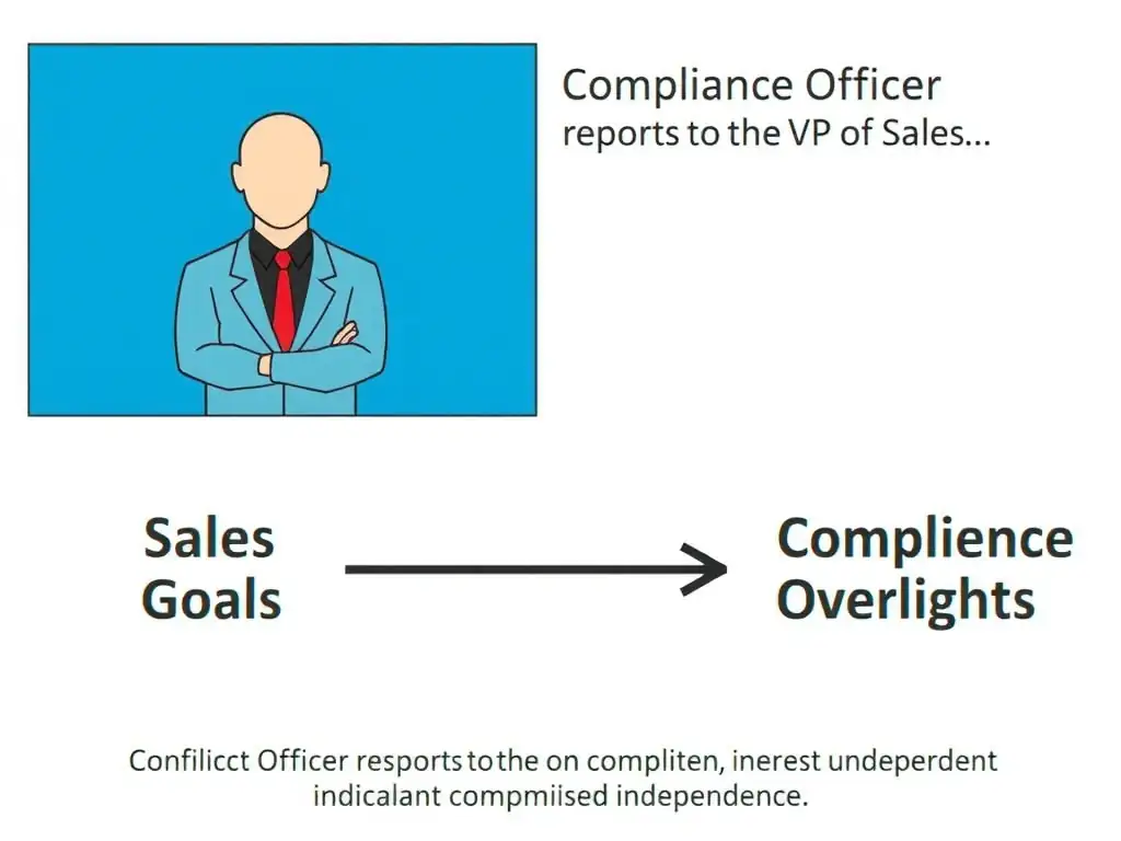 A diagram illustrating a flawed reporting structure where the Compliance Officer reports to the VP of Sales, showing a conflict of interest arrow pointing from Sales Goals to Compliance Oversight, indicating compromised independence.