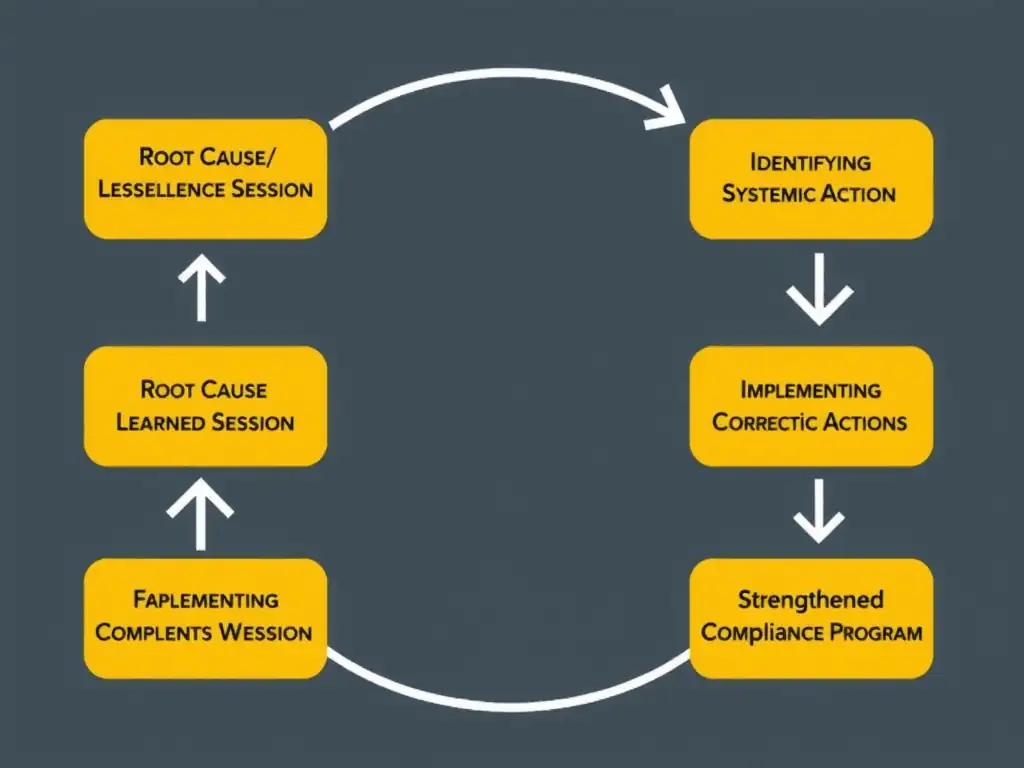 A flowchart showing the loop of continuous compliance improvement: Failure Event -> Root Cause Analysis / Lessons Learned Session -> Identifying Systemic Weakness -> Implementing Corrective Actions -> Strengthened Compliance Program.