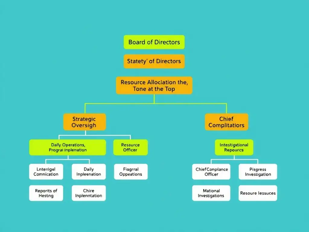 An organizational hierarchy chart highlighting the relationship between the Board of Directors (Strategic Oversight, Resource Allocation, Tone at the Top) and the Chief Compliance Officer (Daily Operations, Program Implementation, Investigations), showing the flow of reporting and resources.