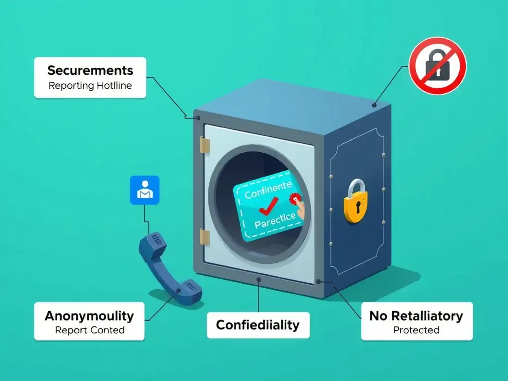 An illustration of a compliance reporting hotline ecosystem, showing a secure phone/web icon connected to a shielded data vault, with labels emphasizing 'Anonymity', 'Confidentiality', and 'No Retaliation' protecting the reporting employee.