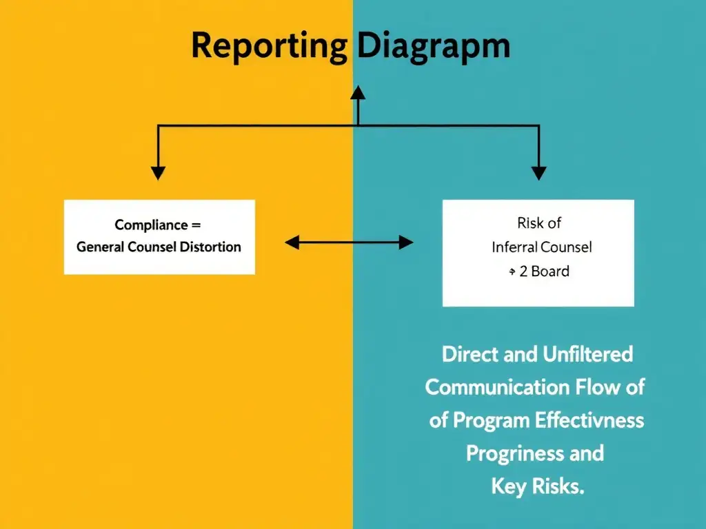A diagram illustrating reporting relationships within a corporation. It should contrast a filtered path (Compliance -> General Counsel -> Board) labeled 'Risk of Information Distortion' with a direct path (Compliance -> Board) labeled 'Direct and Unfiltered Communication Flow of Program Effectiveness and Key Risks.'