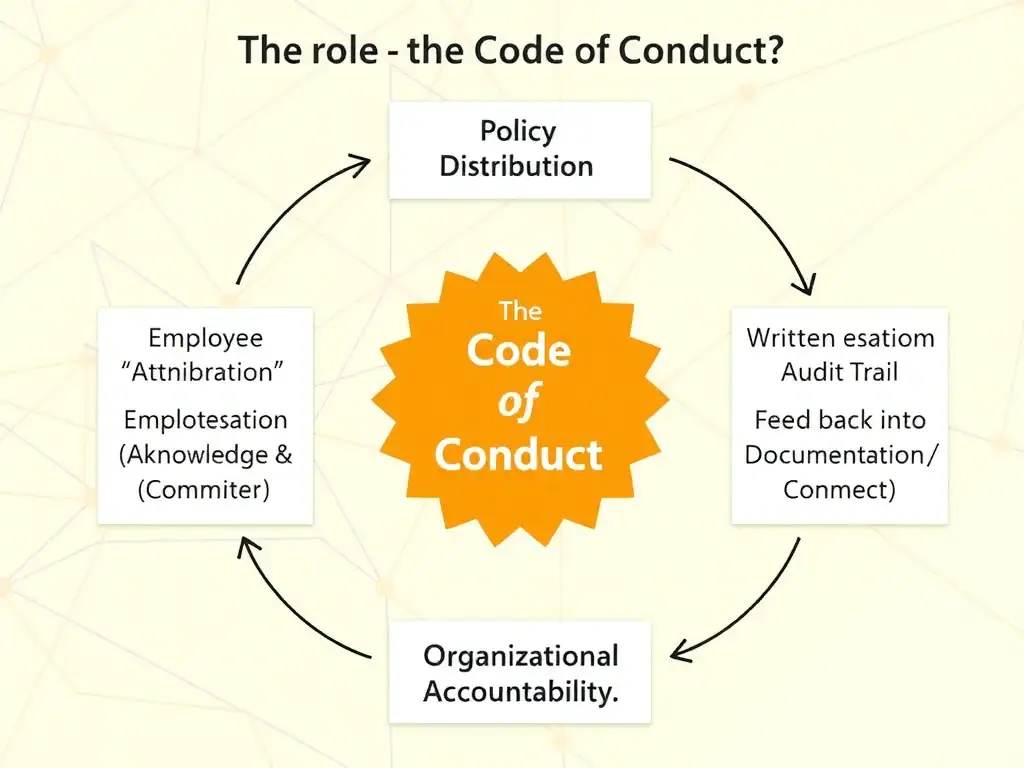 A visual workflow of the compliance cycle showing the role of the Code of Conduct. It should show 'Policy Distribution' leading to 'Employee Attestation (Acknowledge & Commit)' which results in 'Written Documentation / Audit Trail' and feeds back into 'Organizational Accountability.'