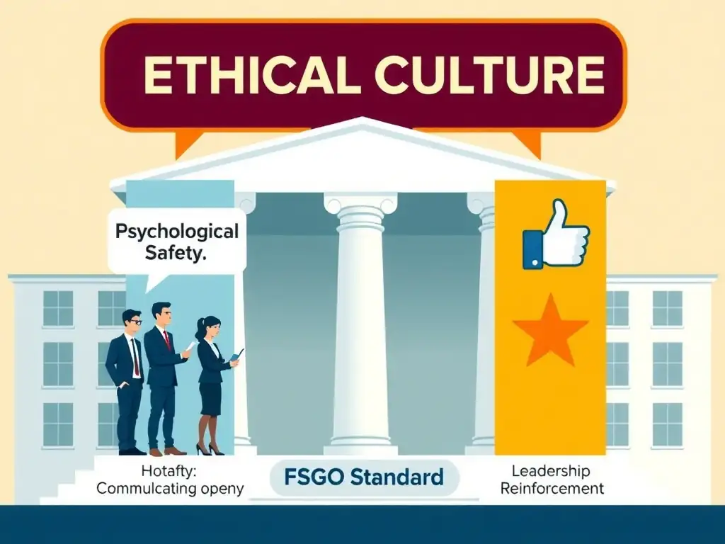A conceptual illustration of corporate culture pillars. One pillar represents 'Psychological Safety' showing employees communicating openly with a hotline icon, and another pillar represents 'Leadership Reinforcement' showing a thumbs-up or star icon indicating ethical actions are celebrated. This is set against the backdrop of a building labeled 'Ethical Culture (FSGO Standard).'