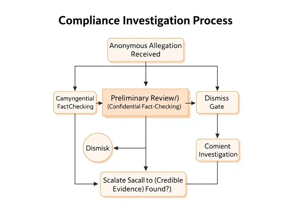 A flowchart depicting the initial stages of the compliance investigation process. The flow starts with 'Anonymous Allegation Received', moves to a decision gate of 'Preliminary Review (Confidential Fact-Checking)', which splits into 'Dismiss (No Credibility/Details)' or 'Escalate to Formal Investigation (Credible Evidence Found).'