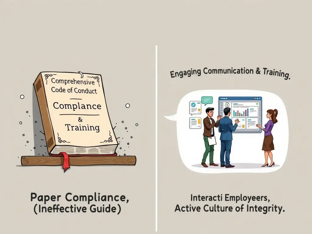 A cartoon or contrast graphic. On the left side, a thick book titled 'Comprehensive Code of Conduct' is shown covered in dust on a shelf, labeled 'Paper Compliance (Ineffective Guide).' On the right side, an interactive dashboard or conversation bubble represents 'Engaging Communication & Training,' showing employees actively discussing compliance, labeled 'Active Culture of Integrity.'