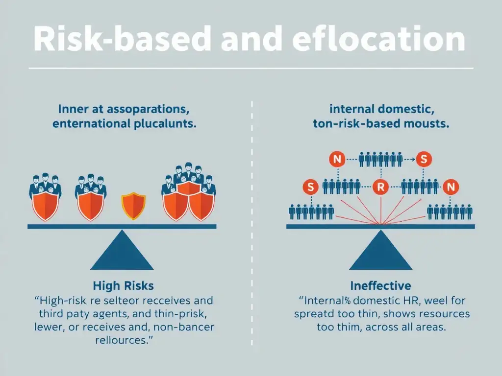 An infographic illustrating a risk-based resource allocation. On one side, a scale or grid showing high-risk zones (such as international operations and third-party agents) receiving the bulk of resources (represented by shield icons or staff symbols), and low-risk zones (such as internal domestic HR) receiving fewer, baseline resources. On the other side, an ineffective, non-risk-based model showing resources spread too thin across all areas.