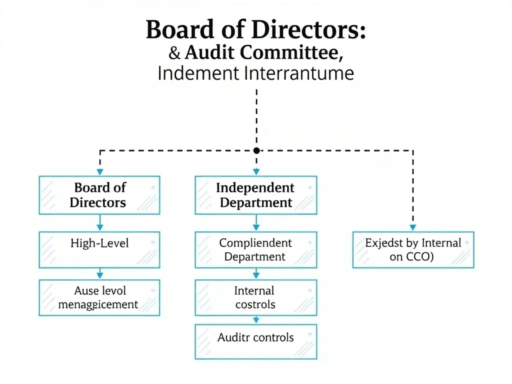 An organizational chart showing the Board of Directors and the Audit Committee at the top, with a dotted line of independent oversight pointing down to the Compliance Department (led by the CCO) and internal controls, illustrating the distinction between high-level oversight and operational management.