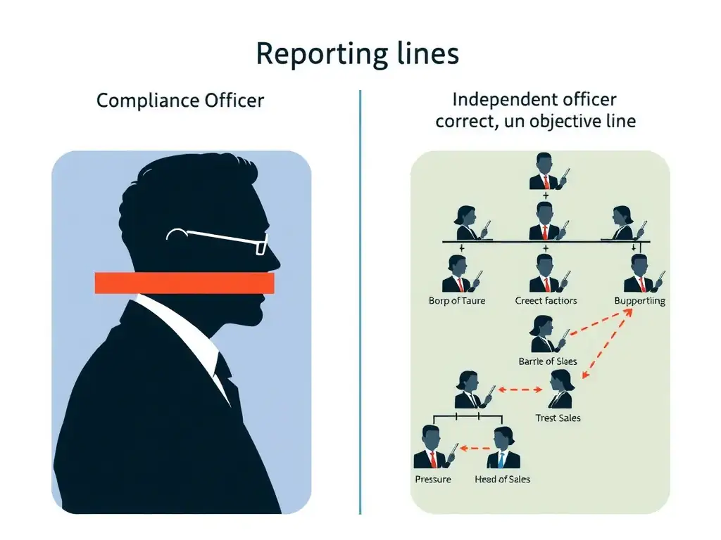 A diagram illustrating a conflict of interest in reporting lines. One side shows an "incorrect" reporting line where the Compliance Officer reports to the CFO or Head of Sales (leading to pressure, represented by a barrier to objective reporting). The other side shows the "correct" independent structure where the Compliance Officer has a direct, unobstructed line to the Board of Directors.