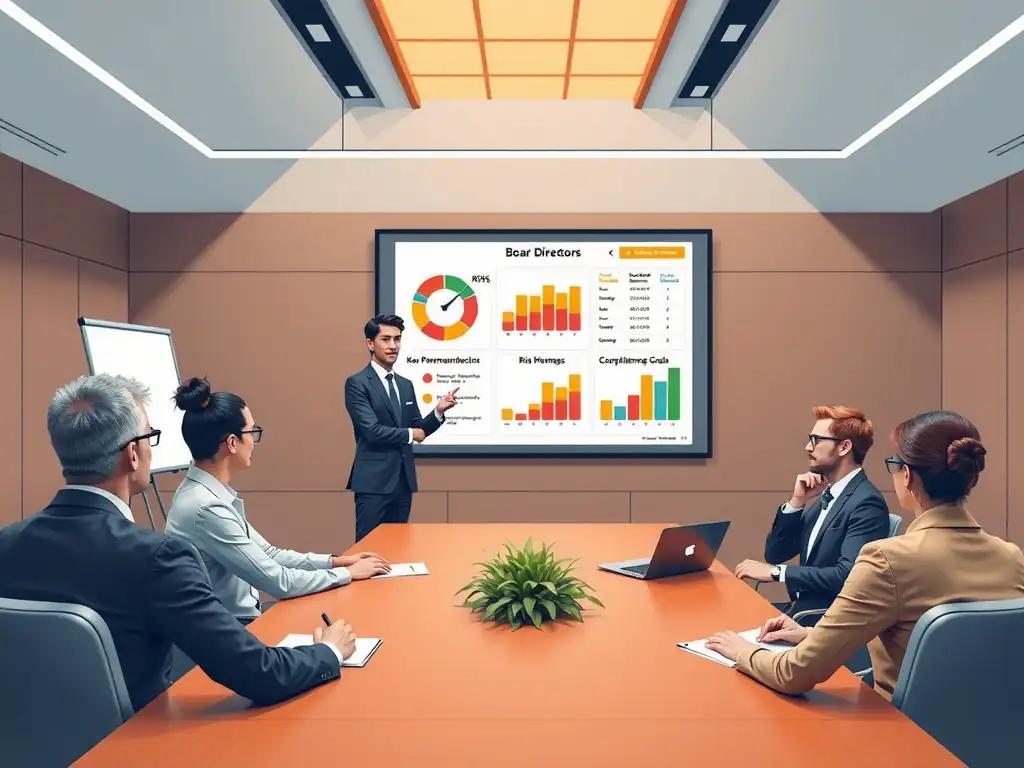 An illustration of a board meeting room with a presenter showing a slide dashboard containing key performance indicators (KPIs), risk heatmaps, and compliance goals, demonstrating the flow of strategic information from the compliance team to the directors.