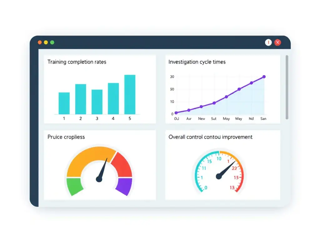 A dashboard screen showing charts of compliance metrics: a bar chart of training completion rates, a line graph of investigation cycle times, and a gauge indicating overall control effectiveness, pointing to continuous improvement.