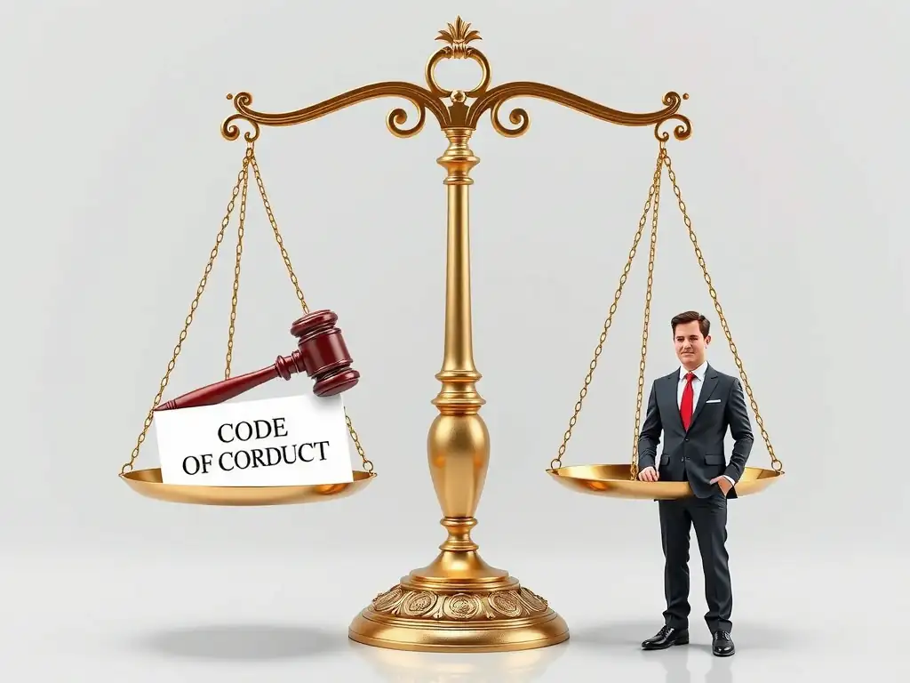 A balanced scale showing a gavel on one side and a document labeled "Code of Conduct" on the other. Two figures—one representing executive leadership and the other representing a frontline employee—stand equally under the scales, symbolizing equal and consistent application of discipline.