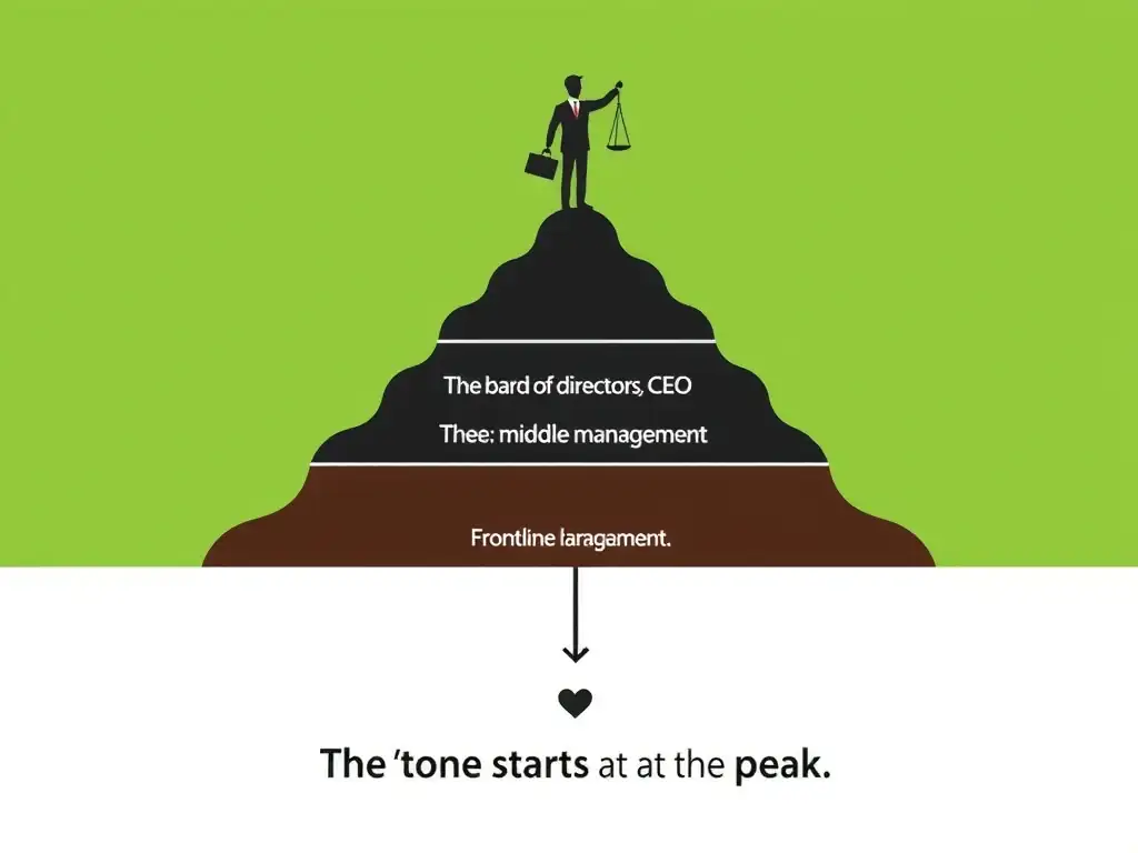 A diagram showing the flow of ethical influence starting from the board of directors and CEO at the top, cascading down through middle management, and reaching frontline employees at the base, emphasizing that the "tone" starts at the peak.