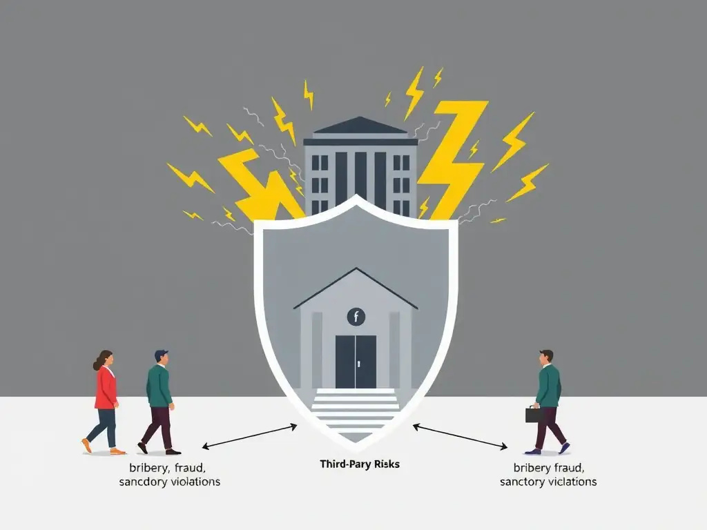 A diagram of a corporate shield protecting a company building from external lightning bolts representing "Third-Party Risks" (e.g., bribery, fraud, sanction violations) originating from external vendor or agent figures.