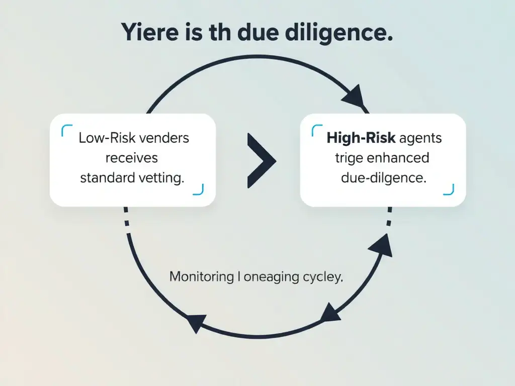 A flowchart demonstrating a tiered due diligence system: Low-Risk vendors receive standard vetting, while High-Risk agents trigger enhanced due diligence, with a circular arrow indicating that monitoring is an ongoing, repeating cycle.