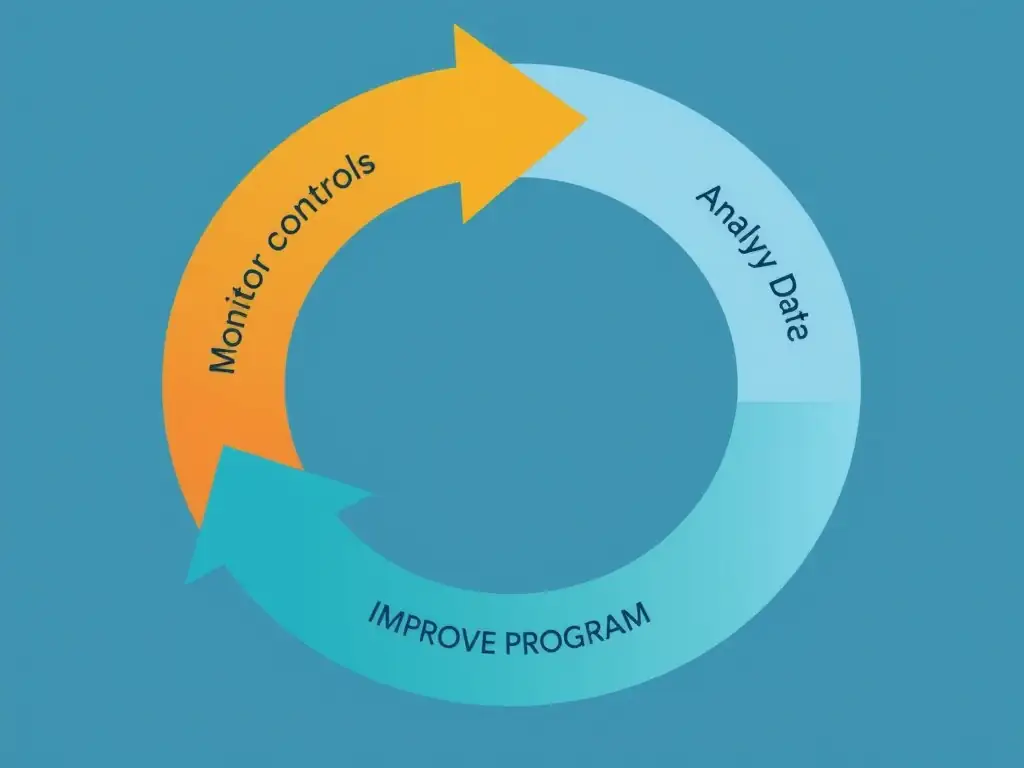 An illustration of a continuous circular cycle representing a feedback loop: "Monitor Controls" -> "Analyze Data" -> "Identify Gaps" -> "Improve Program", showing how monitoring drives continuous optimization.