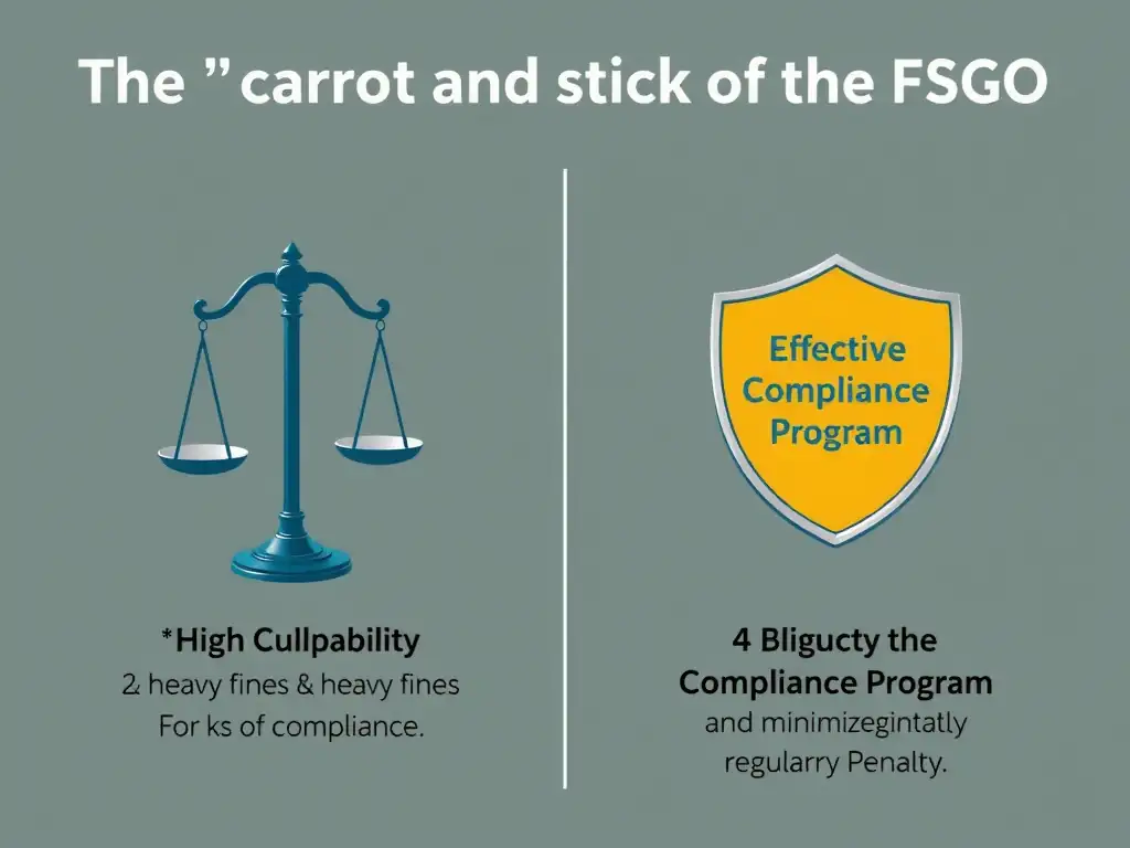 A diagram showing the "carrot and stick" approach of the FSGO: on one side, a scale showing high culpability and heavy fines for lack of compliance, and on the other side, an "Effective Compliance Program" shield reducing the culpability score and minimizing regulatory penalties.