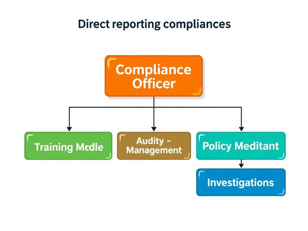 A clean compliance organizational chart showing the Compliance Officer reporting directly to the Board of Directors/Audit Committee, with clear sub-branches for training, policy management, and investigations, highlighting the concept of direct reporting and ownership.
