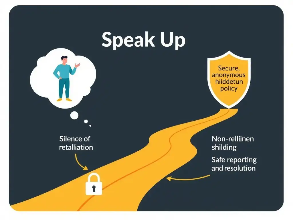An infographic representing the "Speak Up" pipeline: showing an employee with a concern, looking at two paths: one path has a lock and a threat of retaliation (leading to silence and hidden risk), and the other path has a secure, anonymous shield representing a hotline and a non-retaliation policy (leading to safe reporting and resolution).