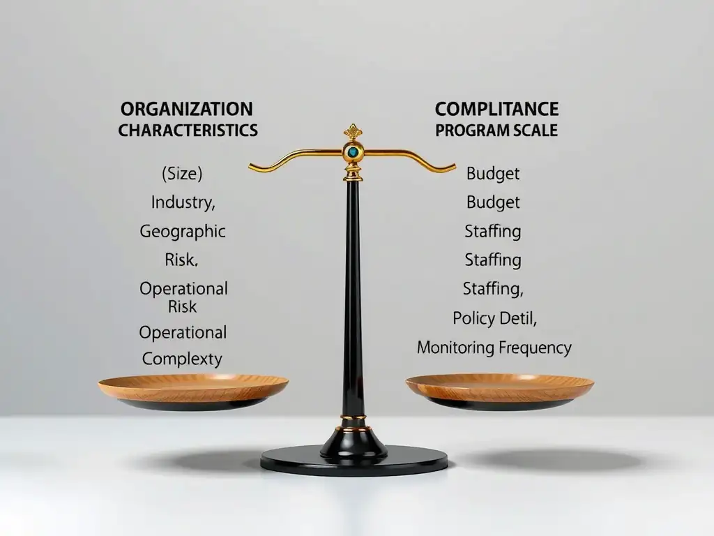 A scale balancing "Organization Characteristics" (size, industry, geographic risk, operational complexity) on one side, and "Compliance Program Scale" (budget, staffing, policy detail, monitoring frequency) on the other, demonstrating the concept of proportional alignment.