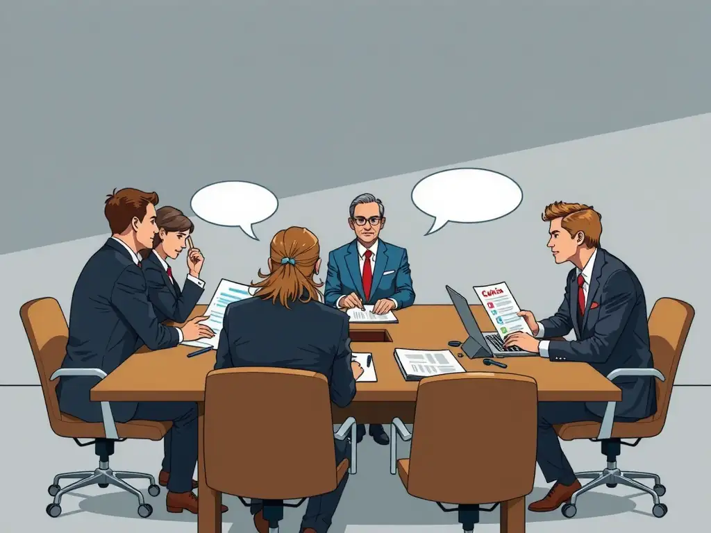 An illustration of a board meeting where board members are actively reviewing a compliance risk register, asking questions to the Chief Compliance Officer (who is seated at the table), showing a collaborative and critical oversight environment.