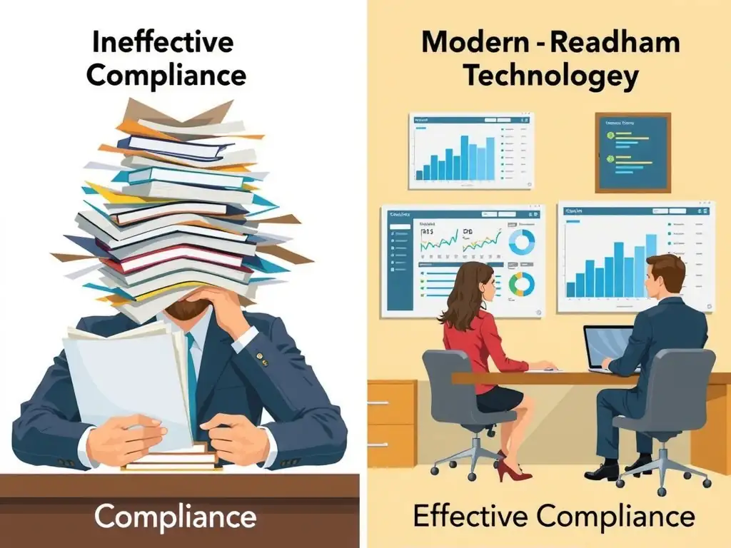 A split graphic showing a compliance officer overwhelmed with paper stacks and manual tracking due to poor resources (labeled "Ineffective Compliance"), next to a compliance team utilizing modern dashboard technology and automated monitoring tools due to adequate funding (labeled "Effective Compliance").