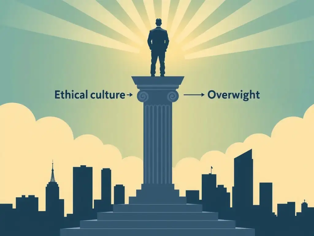 A leadership concept graphic showing senior executives standing at the top of a corporate pillar, sending down rays of "Ethical Culture" and "Oversight" to the floors below, representing the FSGO requirement for senior leadership to drive compliance culture.