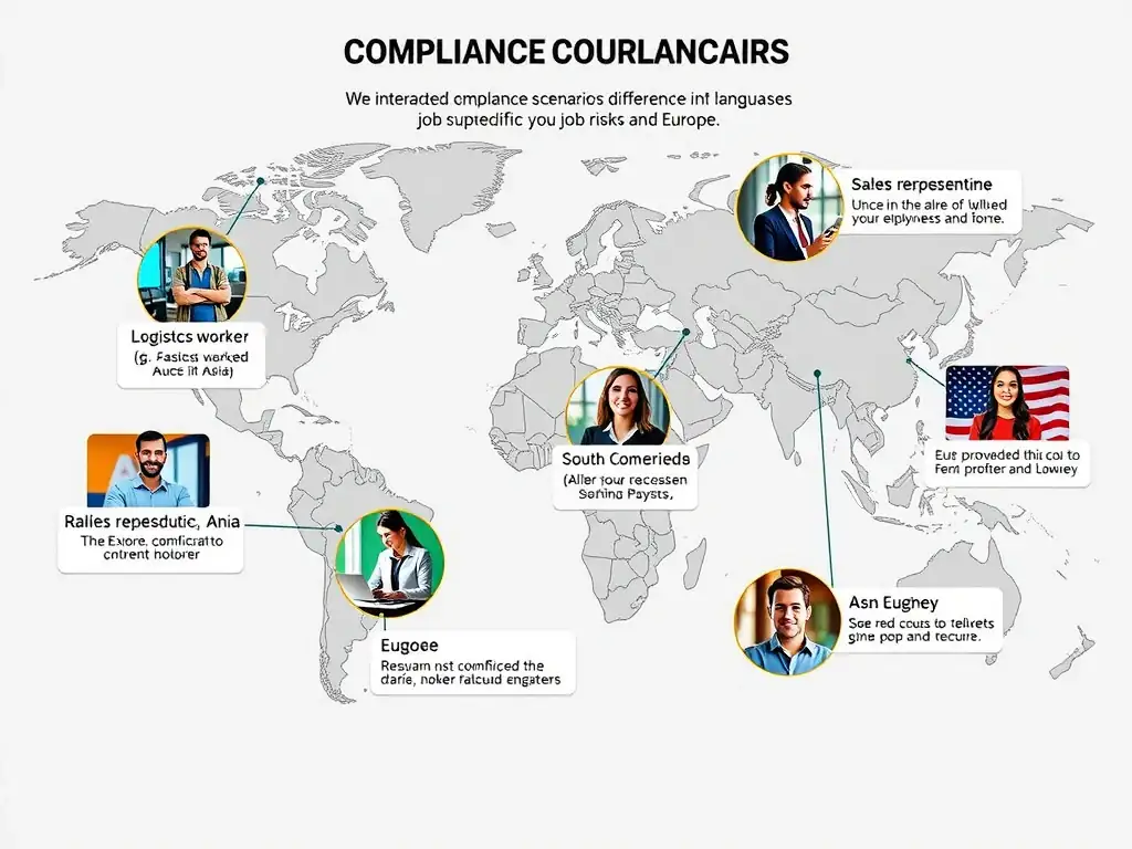 A global map with callouts showing different employees (e.g., a logistics worker in Asia, a sales representative in South America, and an engineer in Europe) engaging with interactive compliance scenarios customized to their specific job risks and languages.