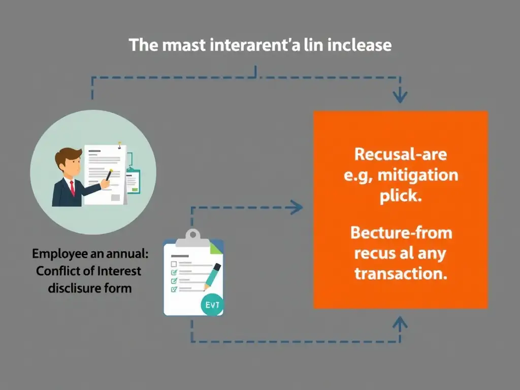 A process flow diagram showing an employee completing an annual Conflict of Interest disclosure form, a compliance officer reviewing the form, and the implementation of a mitigation plan (e.g., recusal from vendor selection) before any transaction takes place.