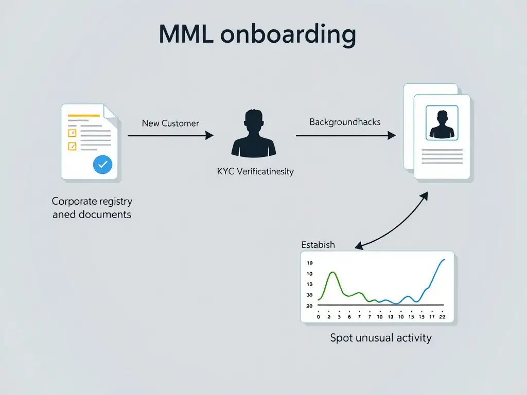 An AML onboarding diagram: showing a new customer submitting corporate registry and identity documents (labeled "KYC Verification"), followed by the system running background checks and establishing a transaction monitoring baseline to spot unusual activity.