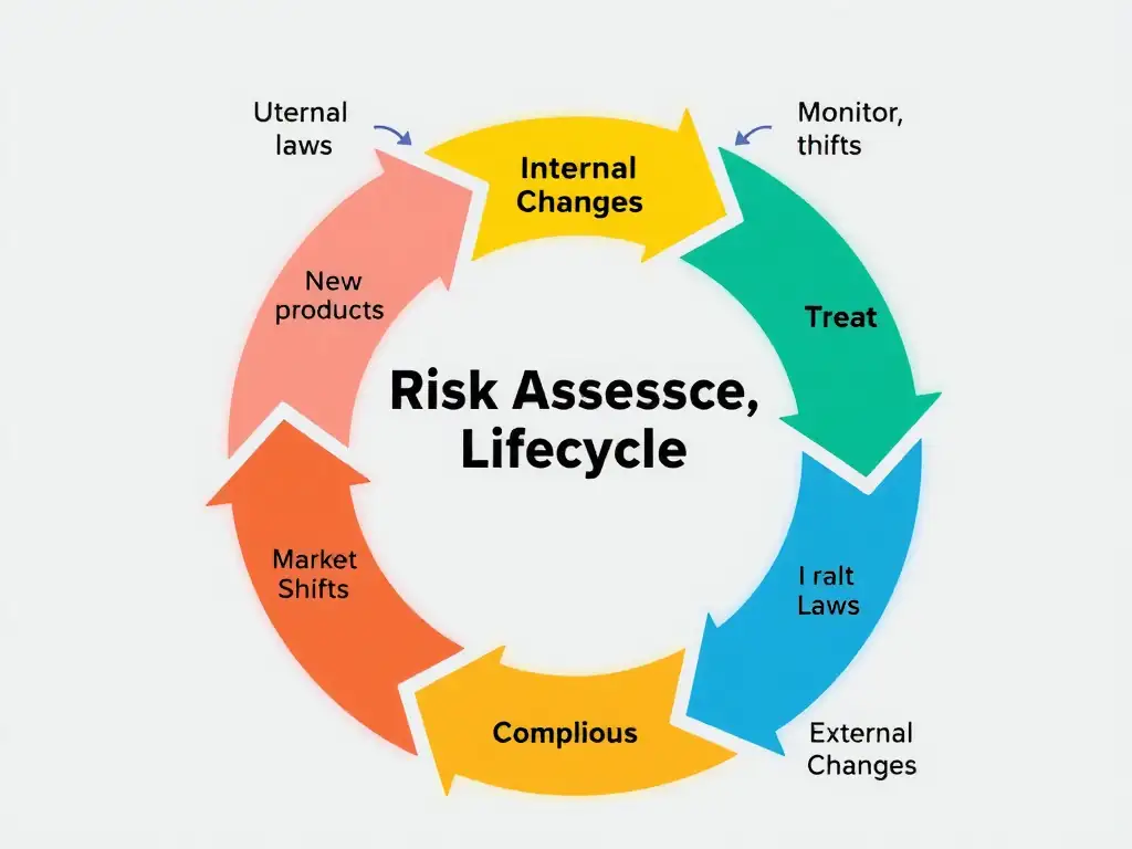 A flow diagram showing a continuous risk assessment lifecycle loop (Identify, Analyze, Evaluate, Treat, Monitor, and Review) with incoming arrows representing "Internal Changes" (new products, new hires) and "External Changes" (new laws, market shifts) feeding into the loop, highlighting the dynamic nature of compliance.