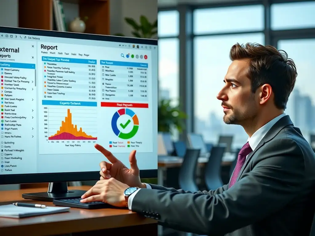 A split screen showing: on the left, an external vendor compiling a detailed report with red-flag alerts; on the right, a company executive looking at a single green checkmark icon, illustrating the lack of direct visibility and the gap in risk management.
