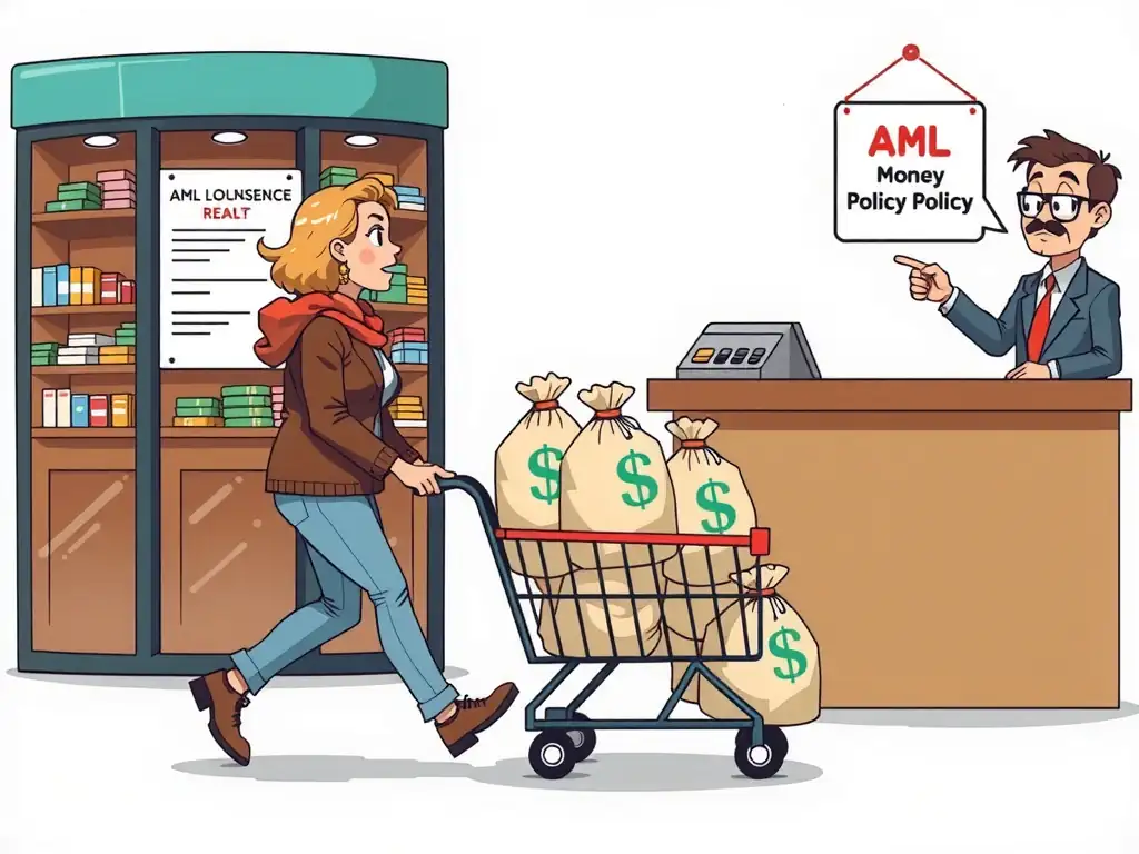 A cartoon representation of a customer pushing a cart filled with sacks of cash labeled with dollar signs toward a sales counter, while a compliance officer behind the desk looks suspicious and points to an AML (Anti-Money Laundering) policy poster.