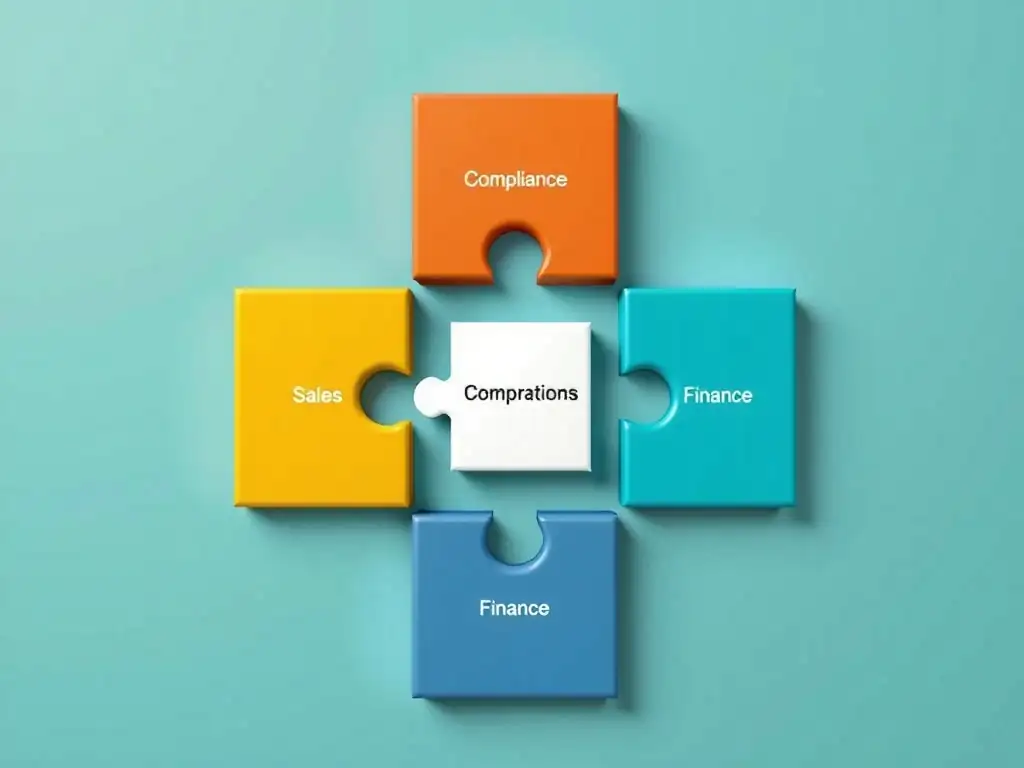 An illustration showing puzzle pieces representing "Sales," "Finance," and "Operations" locking together with a central puzzle piece labeled "Compliance," showing how compliance is integrated into the core operations.