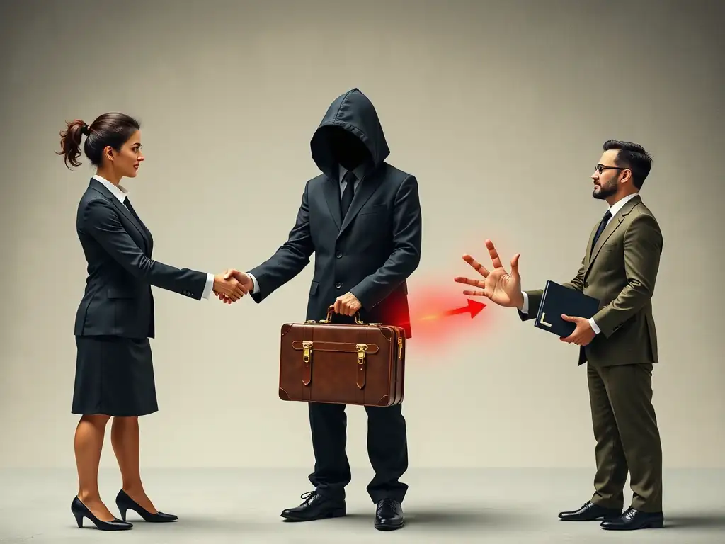 A depiction of a company representative shaking hands with a shadow-covered figure (representing the unvetted agent) who is passing a briefcase of money to a government official, with a red alert light flashing to show the legal risk.
