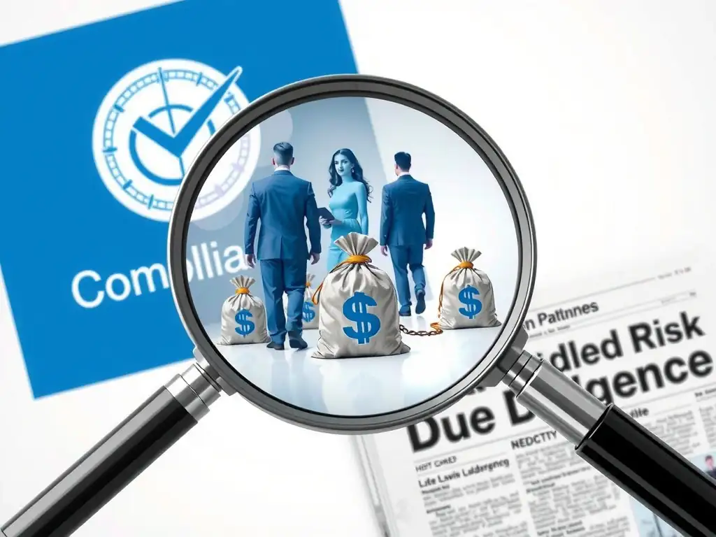 A compliance magnifying glass examining a corporate logo of a potential partner, revealing hidden icons of handcuffs, money-laundering bags, and a newspaper with a negative headline, showing the hidden risks uncovered by due diligence.